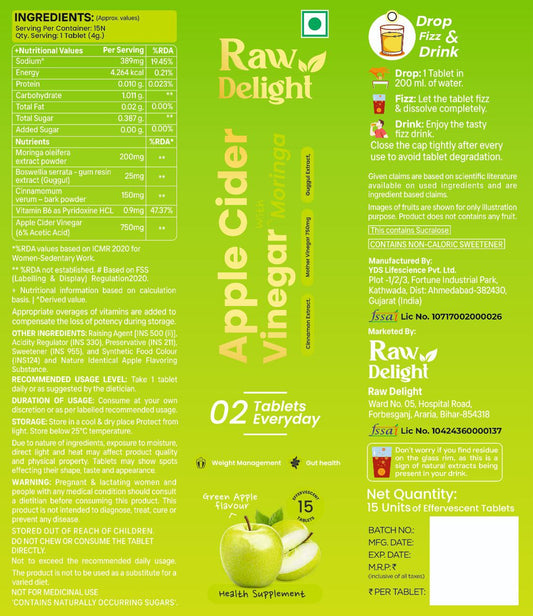 Raw Delight Apple Cider Vinegar with Moringa Effervescent Tablets (Green Apple Flavour)
